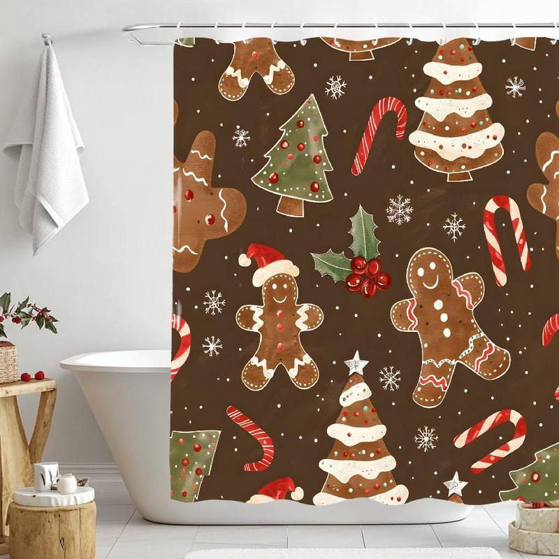 Christmas Themed Shower Curtain Decoration, 1 Count Gingerbread & Christmas Tree Pattern Bathroom Curtain with 12 Hooks, Bathroom Decor Supplies for Home Hotel Salon Dormitory