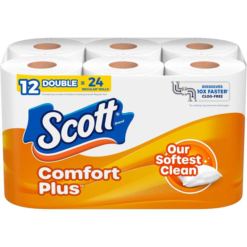 Scott Comfort Plus Toilet Paper, 12 Double Rolls, 231 Sheets per Roll, Septic-Safe, 1-Ply Toilet Tissue