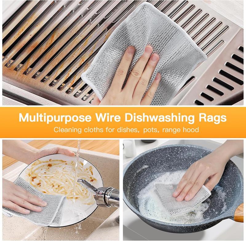 Multipurpose Wire Dishwashing Rags for Wet and Dry, Non- Scratch Wire Dishcloths for Kitchen, Double-Layer Wire Cleaning Cloths, Durable Wire Dish Cloth for Pans, Dishes, Stove Tops, Silvery