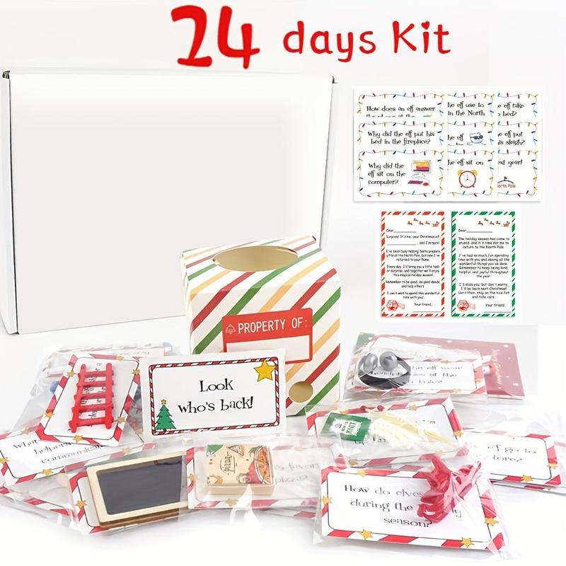 24 Days Of Elf Arrival Kit, 1 Box Christmas Countdown Kit with Jokes & Surprises, Festive Decor for Home Office