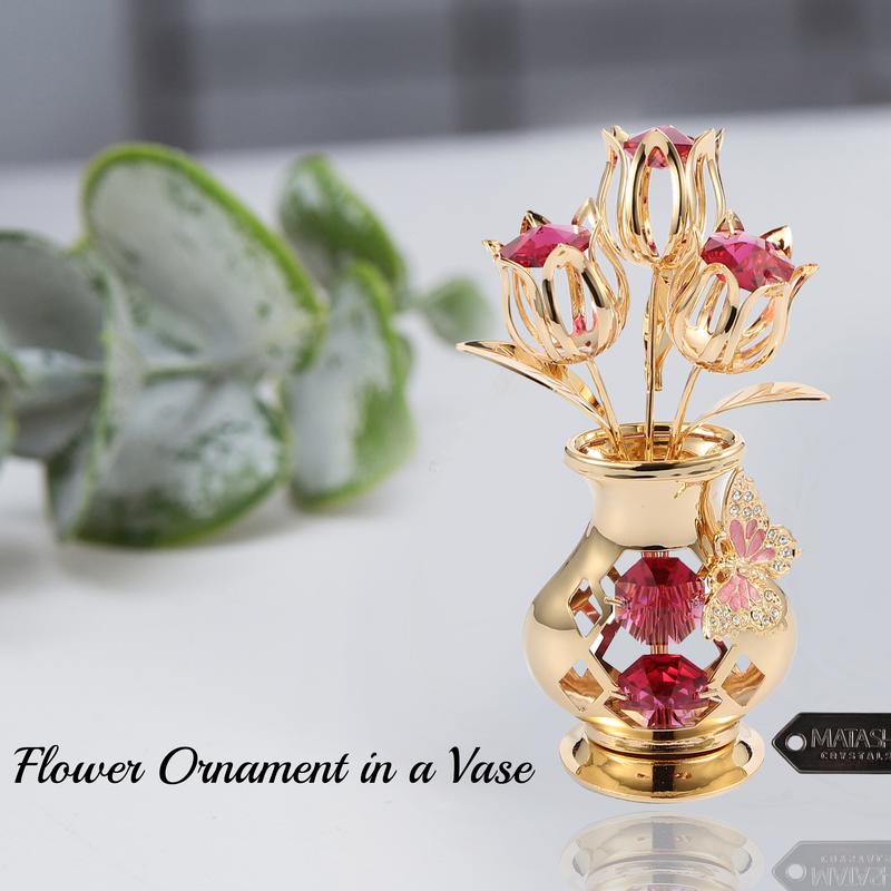 Matashi Flower Bouquet Vase with Decorative Butterfly 24K Gold Plated Red Crystal Tabletop Ornament, Best Ever Gift for Mother's Day, Christmas, Valentine's Day, Anniversary, Gift for Mom, Wife