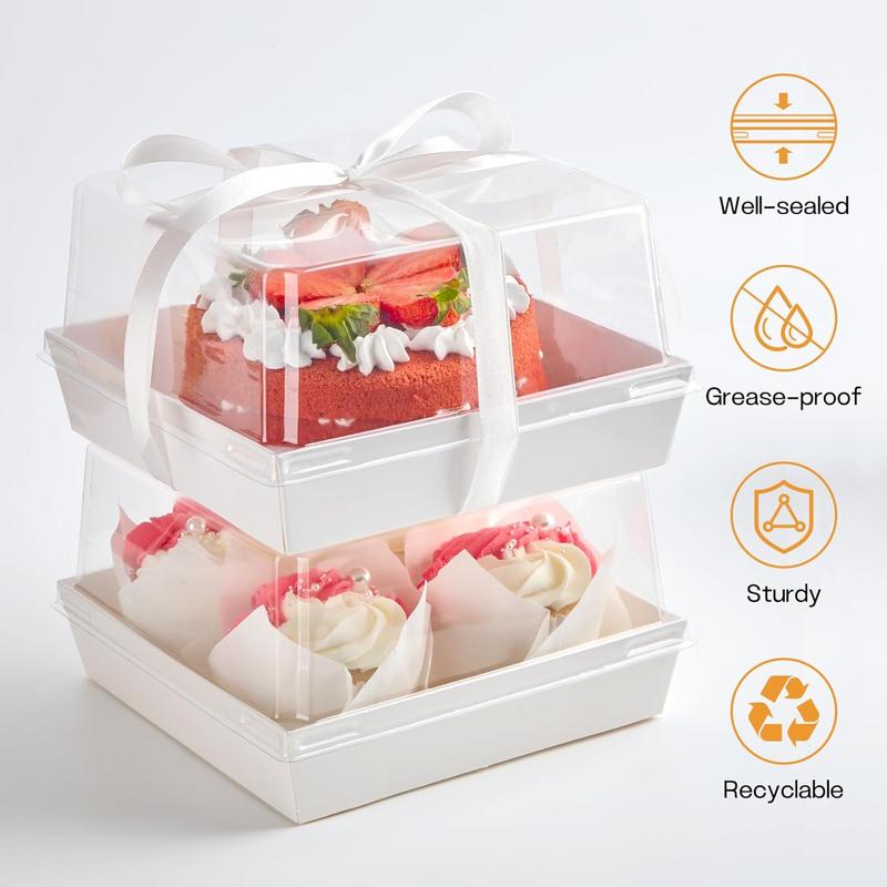 7 x 7 x 4 Inches Paper Cake Boxes with Clear Lids, 20 Pack Disposable Bakery Boxes Square  Containers for 4-6 Inch Bundt Cake, Pie, Dessert, Cupcake, Charcuterie, Cocoa Bomb (White)