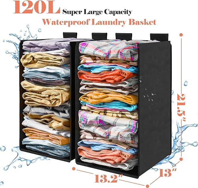 RaybeeFurniture 112L Laundry Sorter, Laundry Hamper 2 Section, Heavy Duty Laundry Basket with Washable Bags, Laundry Sorter with shelf, Hampers for Laundry Room Organization, Put-out Bags with Slide Rails