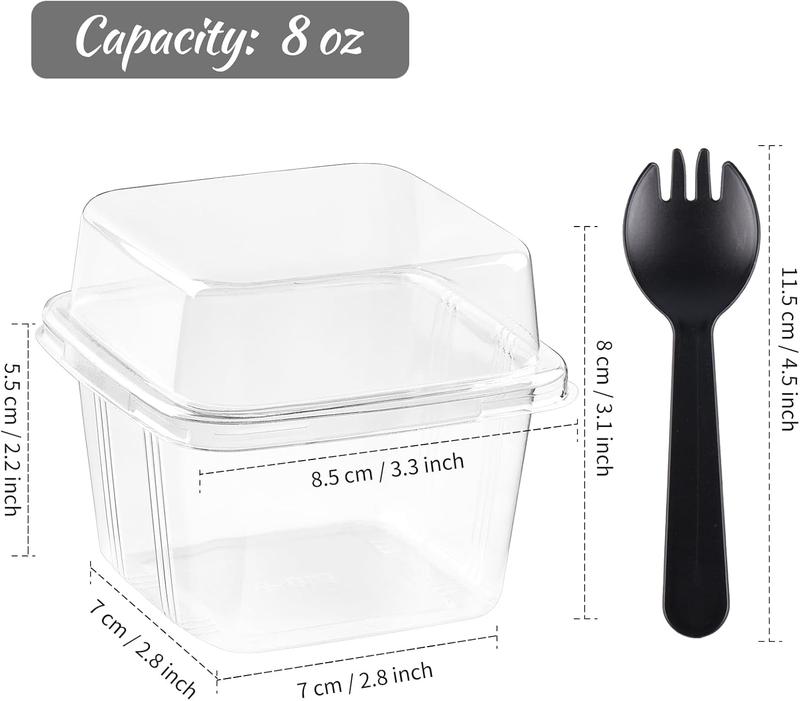 50 Pack 8 oz Plastic Dessert Cups with Lids and Sporks, Clear Square Cake Cups Dessert Containers for Pudding Parfait Fruit Yogurt and Shortcake