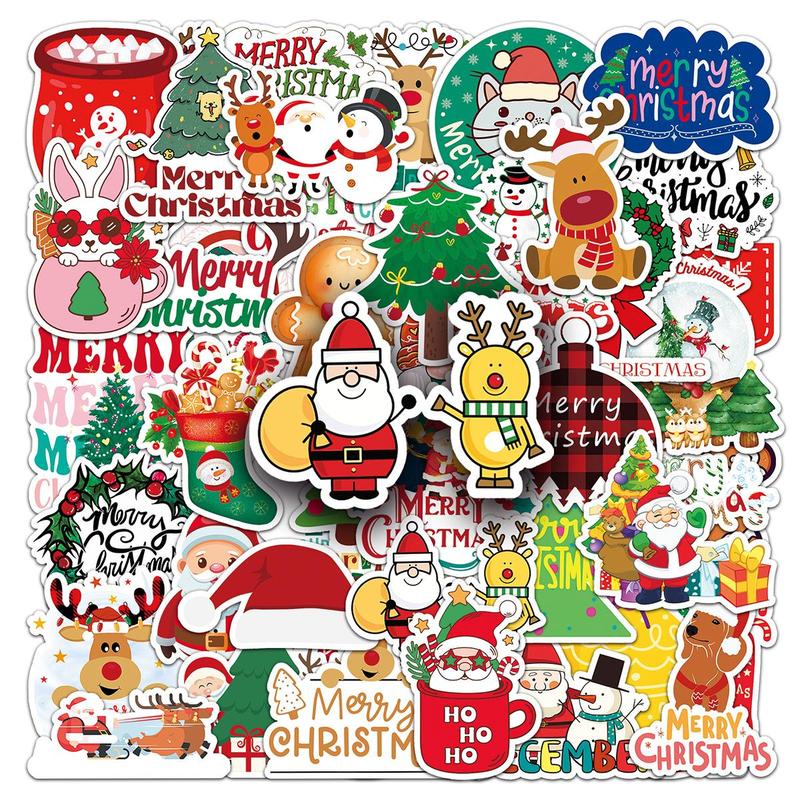 Christmas Themed Sticker, 50pcs set Waterproof Self Adhesive Decor Paper, Decor Sticker For Gift Greeting Card Water Bottle Laptop Phone, Christmas Gift