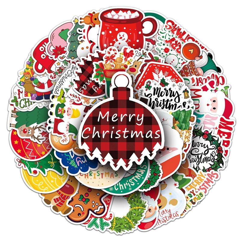 Christmas Themed Sticker, 50pcs set Waterproof Self Adhesive Decor Paper, Decor Sticker For Gift Greeting Card Water Bottle Laptop Phone, Christmas Gift