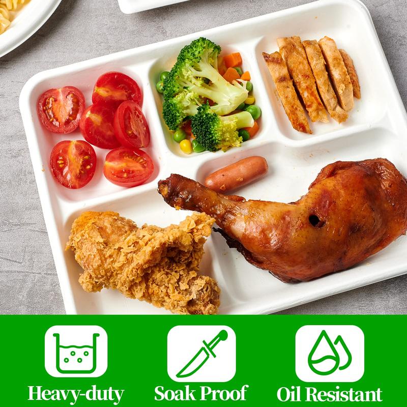 ECOLipak 100% Compostable 5 Compartment Plates, 125 Pack Disposable Paper Plates, Heavy-Duty Biodegradable Sugarcane Plates, Eco-Friendly School Lunch Trays disposable plate