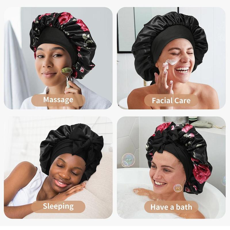 AWAYTR Women Flowers Satin Nightcap Widened Sleeping Hat with Tie Band Hair Care Bonnet Double Layered Elastic Shower Cap Adjustable