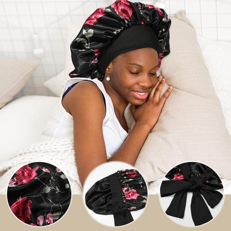 AWAYTR Women Flowers Satin Nightcap Widened Sleeping Hat with Tie Band Hair Care Bonnet Double Layered Elastic Shower Cap Adjustable