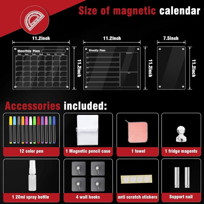 3 Pcs Magnetic Fridge Calendar, Dry Erase Calendar for Refrigerator, Monthly Weekly and Blank Board Acrylic Calendar for Wall, Kitchen, Desk, with 12 Colors Markers Pen, Magnetic Pen Holder and Towel