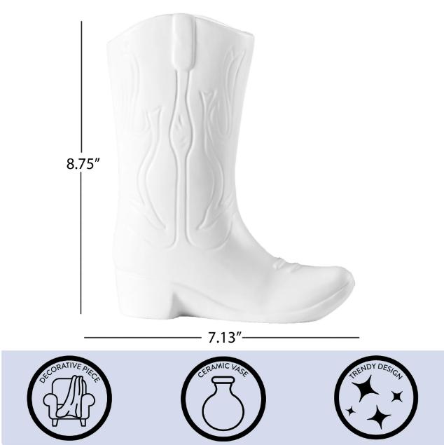 White Ceramic Cowboy Boot Vase - 8.75