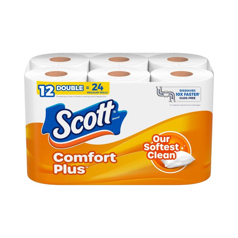 Scott ComfortPlus Toilet Paper, 12 Double Rolls, 231 Sheets per Roll, Septic-Safe, 1-Ply Toilet Tissue