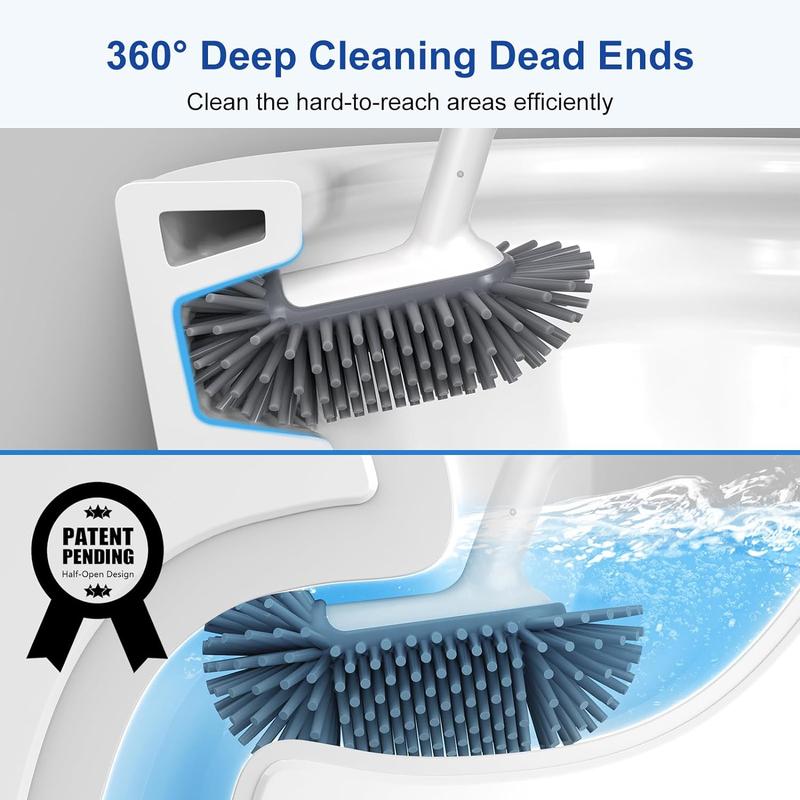 Toilet Bowl Brush Holder Set: Deep Cleaning Silicone Toilet Cleaner Scrubber Under Rim with Curved Bristle for Bathroom Dead Corner Clean - Modern Rv Toilet Decorative Accessories - White