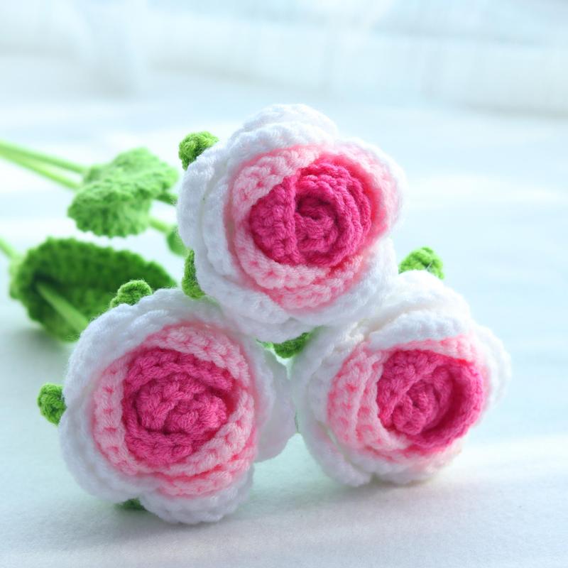 Gradual Change Crochet Rose, 3 6 10pcs Handmade Crochet Rose with Stem, Artificial Flower for Wedding Bridal Bouquet, Home Decor, Halloween Decor