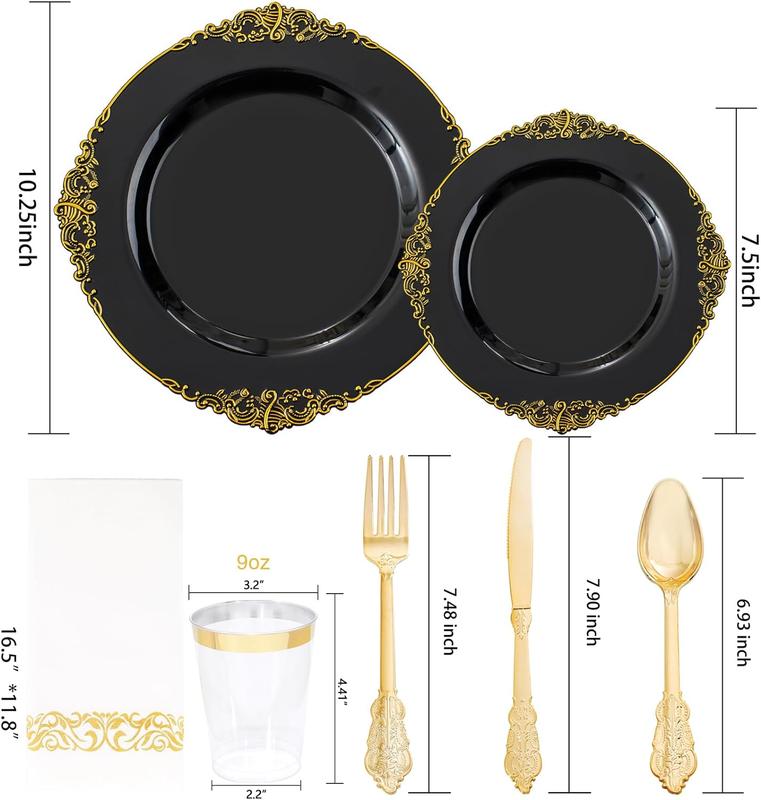 Nervure 350PCS Black and Gold Plastic Plates - Black Plastic Dinnerware Sets for 50 Guests - 100 Black Disposable Plates, 150 Gold Plastic Silverware, 50 Cups, 50 Napkins for Wedding & Party