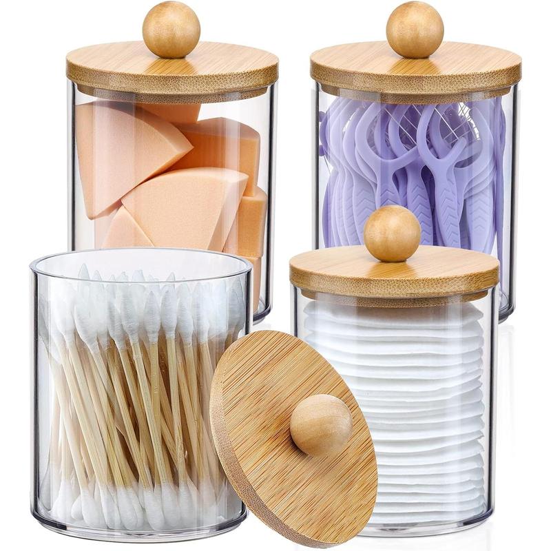 4PC-Cotton Swab Holder Dispenser with Bamboo Lid - 10 - ounce - capacity Transparent Plastic Container for Makeup Storage, Bathroom Accessory Set. Bottles Tin