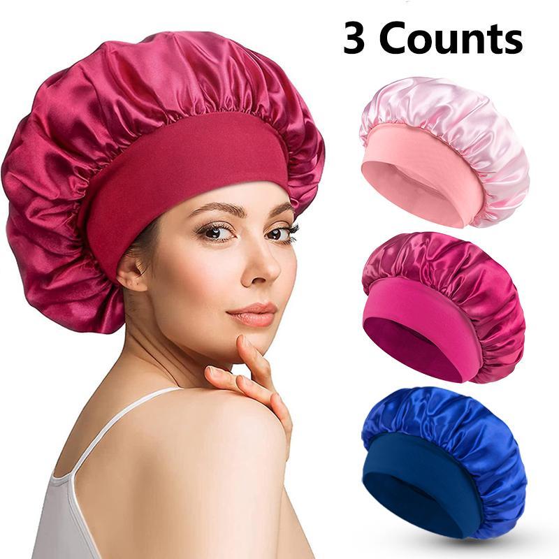 Satin Reusable Sleeping Hair Cap, 3 Counts set Soft Elastic Night Sleep Cap, Hair Care Cap for Women & Men, Heatless Styling Tools for Daily Use, Christmas Gift