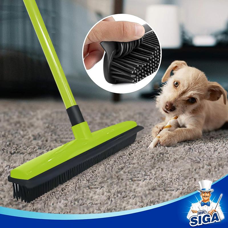 Indoor Pet Hair Rubber Broom with Carpet Rake and Squeegee, green steammop