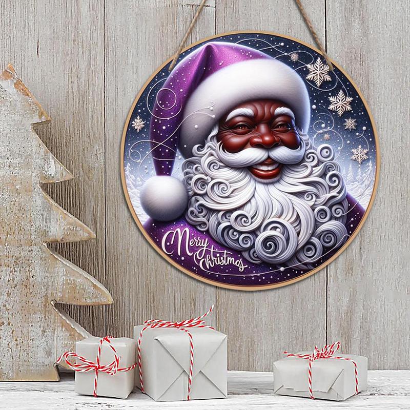 Wooden Round Christmas Decoration without Wreath, 1 Count Santa Claus Pattern Hanging Ornament, Garden Decoration, Home Decor for Living Room Bedroom