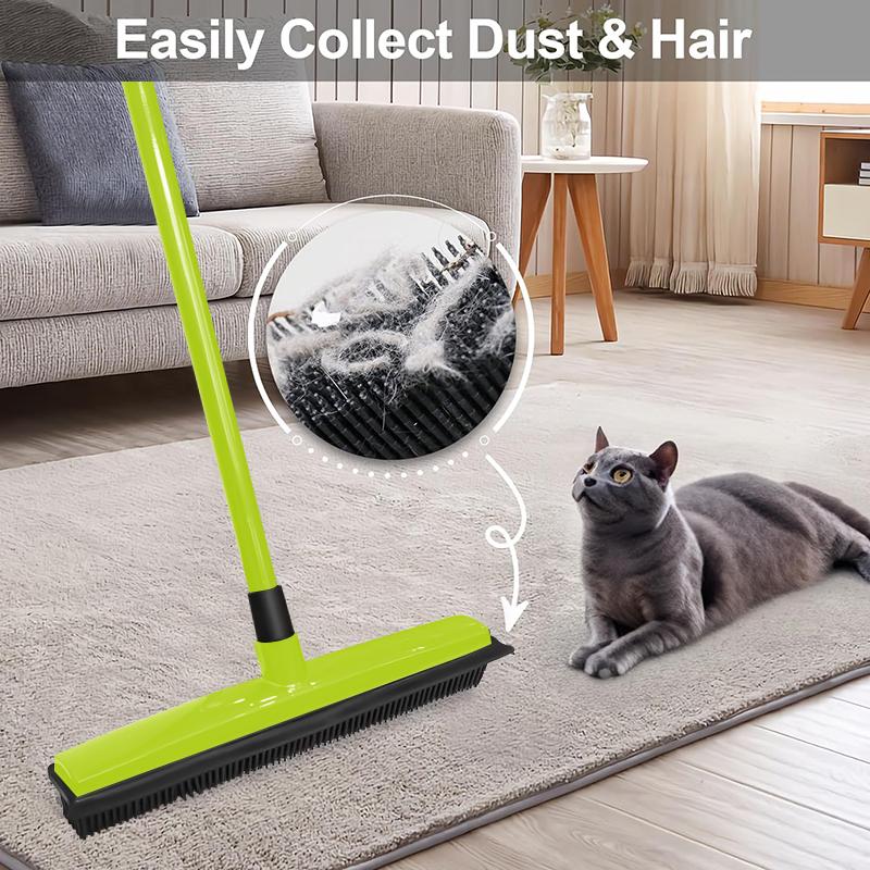 Indoor Pet Hair Rubber Broom with Carpet Rake and Squeegee, green steammop