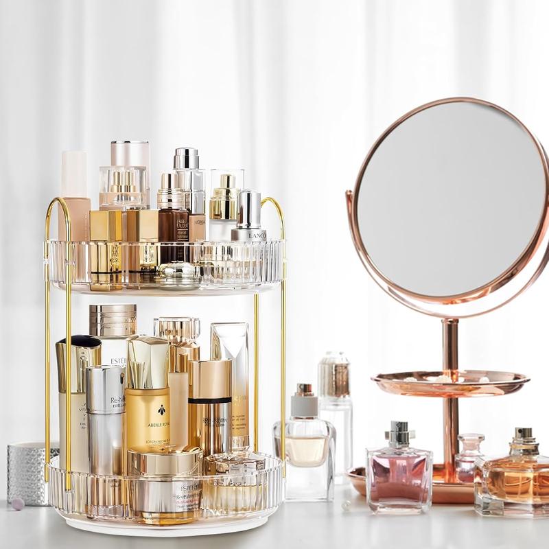 360° Rotating Makeup Organizer, 2 Tier Bathroom Organizers and Storage, Vanity Countertop Oragizer for Perfume, Skincare, Cosmetic, Clear Dresser Organizer