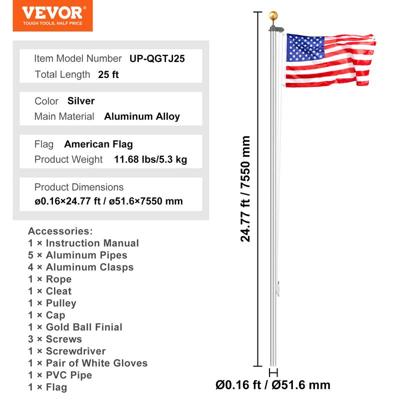 VEVOR 25FT Sectional Flag pole Kit, Heavy Duty Aluminum Alloy in Ground Flag poles for Outside, 3 Display Modes Flagpole with 3x5 American Flag, Professional Accessories, Silver Banners Lightweight