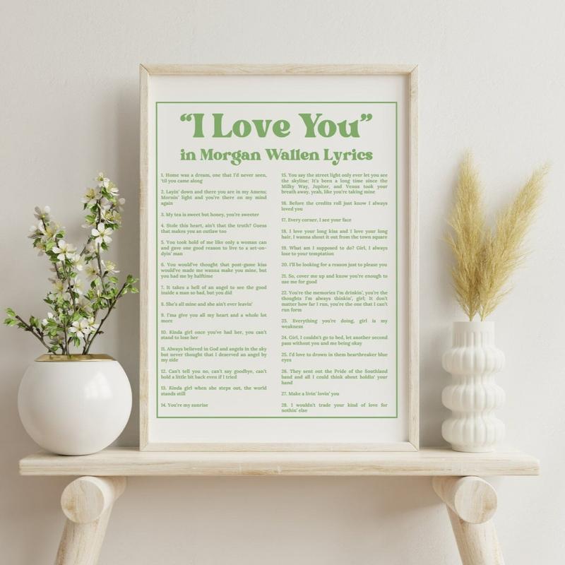 Wall Art | I Love You Country Singer Black And Green Lyrics Poster | Coastal Cowgirl | Country Music Merch | Western Decor