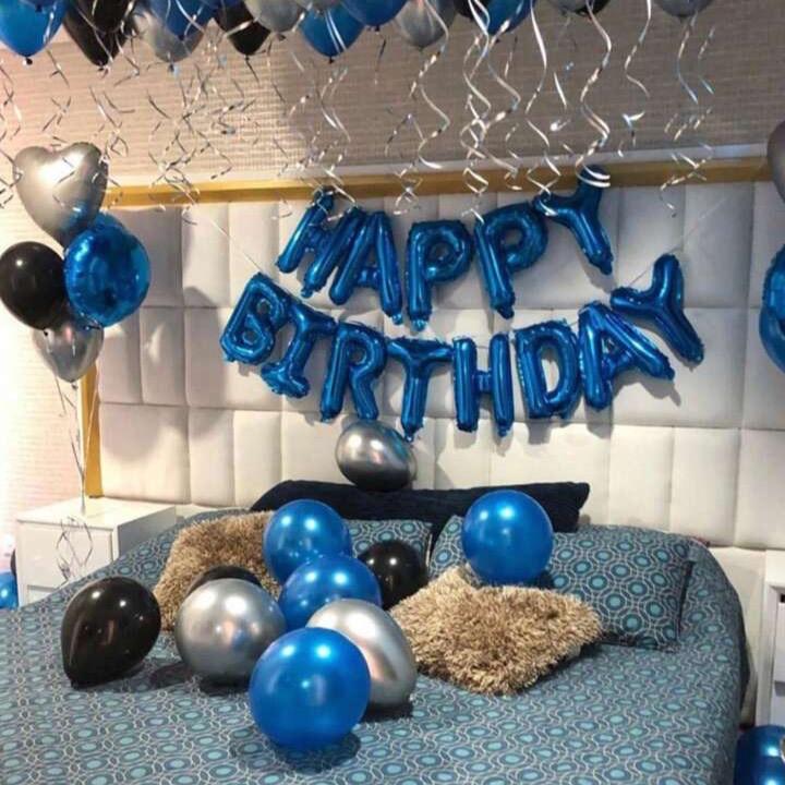 52pcs Blue Birthday Party Decoration Kit with 'Happy Birthday' Banner, Latex Balloons, Heart-Shaped Foil Balloons, Glue Dots, and White Ribbon