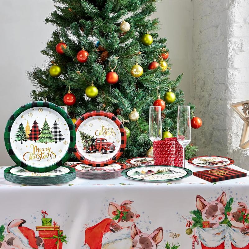 96 Pieces Merry Christmas Disposable Tableware Set - Red and Green Buffalo Plaid Christmas Party Supplies with Paper Plates, Napkins, Forks for Holiday Celebrations, Winter Favors, and Rustic Decor Plastic Pack