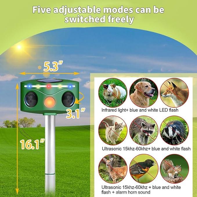 Ultrasonic Solar Animal Repeller Outdoor with Motion Sensor, Deer Dog Squirrel Skunk Cat Repellent Devices