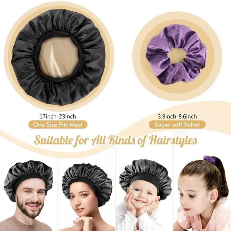 Silk Satin Bonnet, Hair Wrap Adjustable Sleep Cap with 2 counts of Scrunchies for Women Men Double Layer Lined Bonnets for Curly Braid Hair (Black)(Creative Life Pavilion) Shower