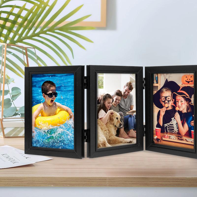 Double Triple Photo Frame 180° Foldable Hinged Picture Frame Stand Vertically on Desktop Photo Frame with Glass Front Black Photo Frame for Desktop Birthday Gifts