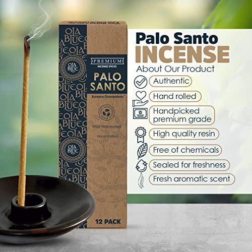 Ola Blue Palo Santo Incense Sticks (12 Pack) from Peru Premium Authentic - Handmade & Hand Rolled Natural Wood - Cleansing Bad Energy & Relieve Stress Holy Wood (Bursera Graveolens Wood) Light Scent Scented Perfume