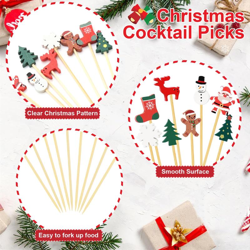 100 Christmas Cocktail Picks, 8 Kind of Christmas Toothpicks, Xmas Tree Snowman Santa Reindeer Stocking Bamboo Charcuterie Skewers Fruit Food Appetizer Sticks for Christmas Party Supplies Decorations