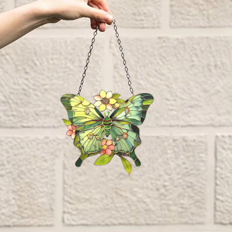 3D Luna Moth butterfly window decor, Mica Flowers ornament, Flowers Wall Window Hanging Art Decoration, Butterflies Acrylic, Gift for her, mom