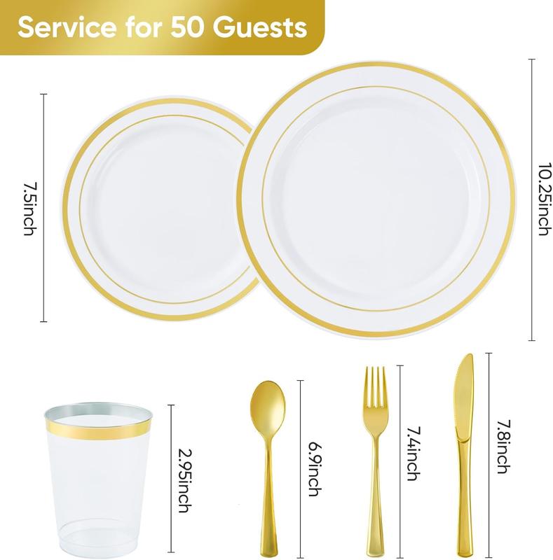 350 count Gold Disposable Plates for 50 Guests, Disposable Plastic Plates for Party, Wedding, Dinnerware Set of 50 Dinner Plates, 50 Salad Plates,50 Cups and 50 Pre Rolled Napkin, Gold