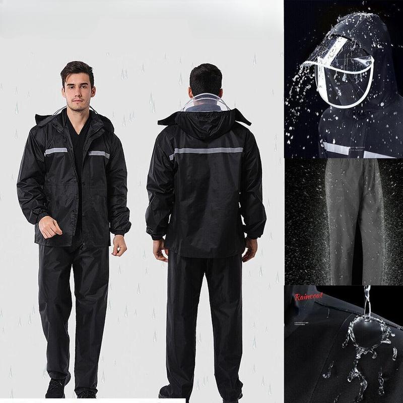 Mens Rain Suits Safety Black Jacket Pants Hooded Waterproof Fishing Raincoat US