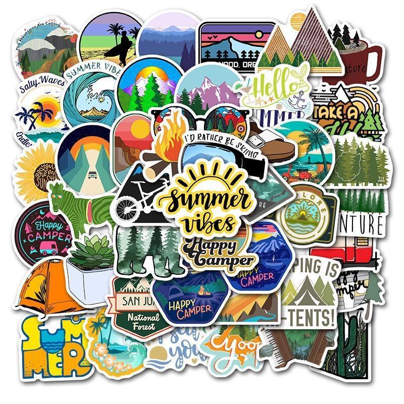 50pcs Outdoor Summer Camp Series Decorative Sticker, Sports Game Super Bowl Party Supplies, Party Favors, Creative Waterproof Sticker For DIY Scrapbook Laptop Luggage Decoration