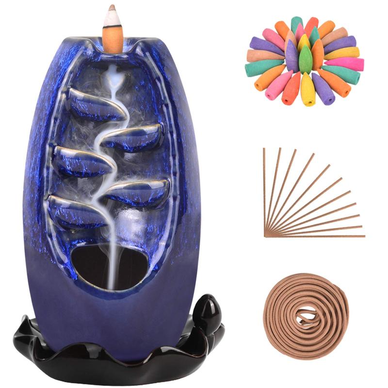 Backflow Incense Burner Waterfall Incense Holder Ceramic with 120 Incense Cones & 30 Incense Sticks for Home Office Yoga Aromatcherapy Ornamen, Navy