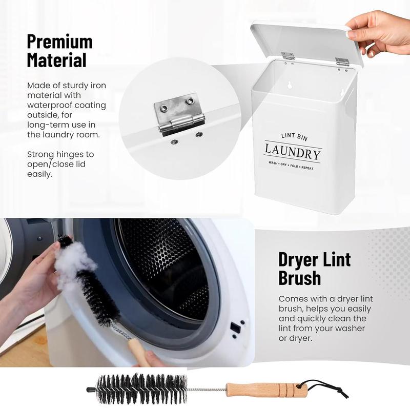 Magnetic Lint Bin for Laundry Room, 1 Count Modern Farmhouse Lint Bin & Accessories with Lid, Wall Mount Space Saving Washer & Dryer Trash Can