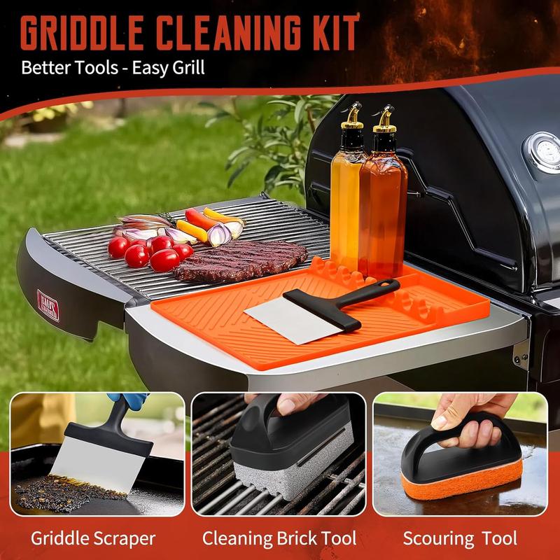 Griddle Cleaning Kit for Blackstone Griddle Accessories -18 Pieces Flat Top Griddle Cleaning Kit -Grill Cleaner Set with Grill Stone, Griddle Scraper,Scouring Pads,Silicone Spatula Mat (18, Orange)