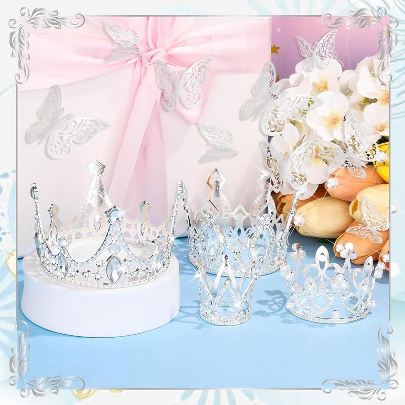 Flower Bouquet Accessories Including 4 Pcs Silver Crowns, 12 Pcs Butterfly Decorations and 50 Pcs Flower Pins for Flower Bouquets and Cake Topper Decoration