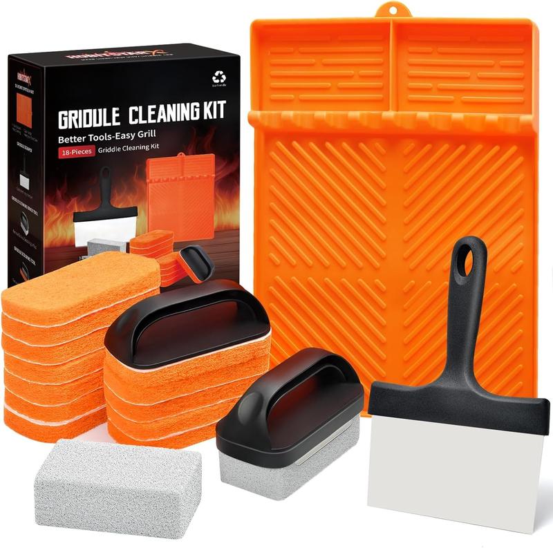 Griddle Cleaning Kit for Blackstone Griddle Accessories -18 Pieces Flat Top Griddle Cleaning Kit -Grill Cleaner Set with Grill Stone, Griddle Scraper,Scouring Pads,Silicone Spatula Mat (18, Orange)