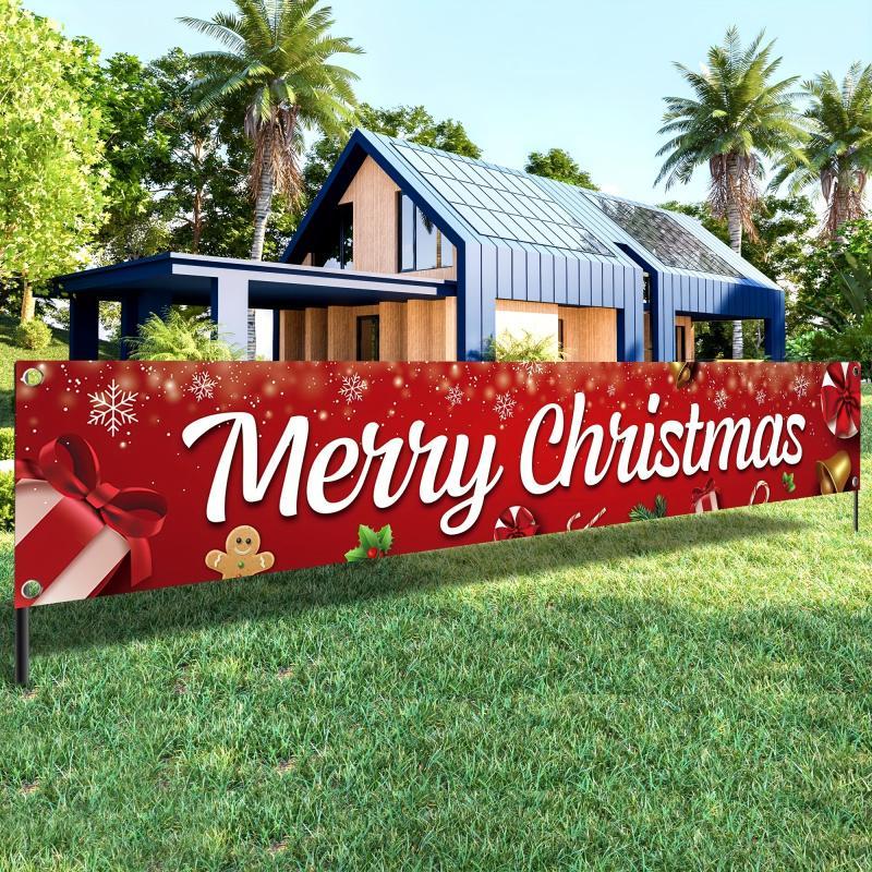 Merry Christmas Yard Banner, 1 Count Outdoor Letter & Cartoon Pattern Decoration, Weather-resistant Banner for Home Office Party Holiday Celebrations