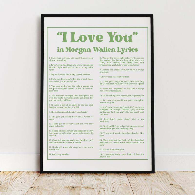 Wall Art | I Love You Country Singer Black And Green Lyrics Poster | Coastal Cowgirl | Country Music Merch | Western Decor