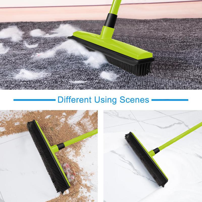 Indoor Pet Hair Rubber Broom with Carpet Rake and Squeegee, green steammop