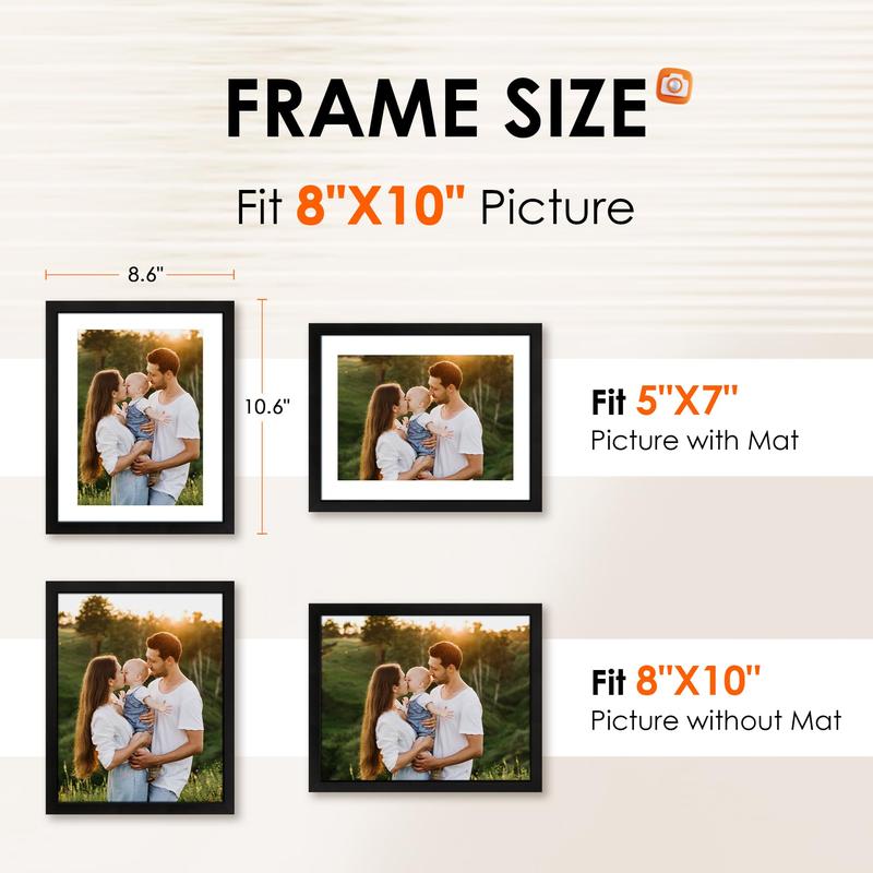 8x10 Picture Frame Set of 2, Photo Frame with HD Plexiglass, Display Pictures 5x7 with Mat or 8x10 Without Mat Multi Picture Frames Collage for Tabletop or Wall Display, Black