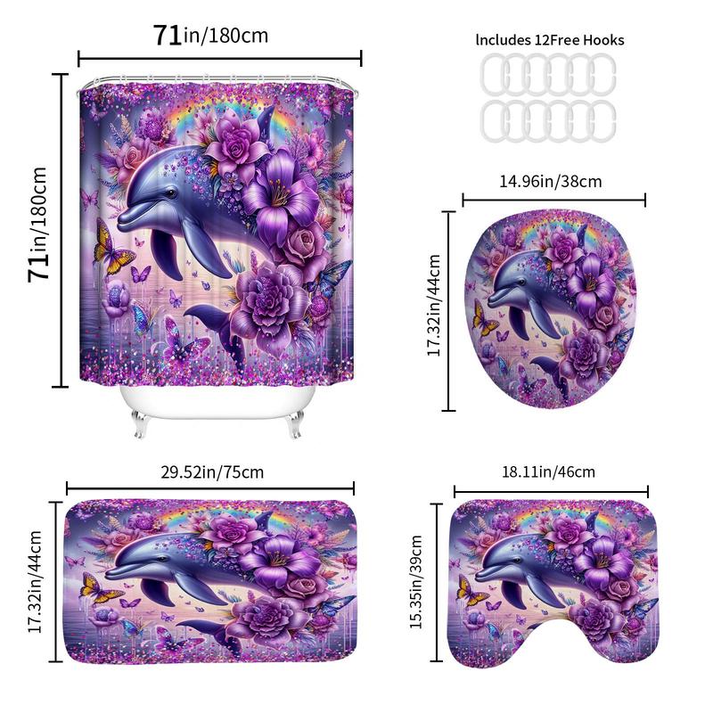 Dolphin Pattern Shower Curtain, 1 4 Counts Bathroom Decoration with 12pcs Hooks, Bathroom Accessories for Home Dormitory Hotel Decor