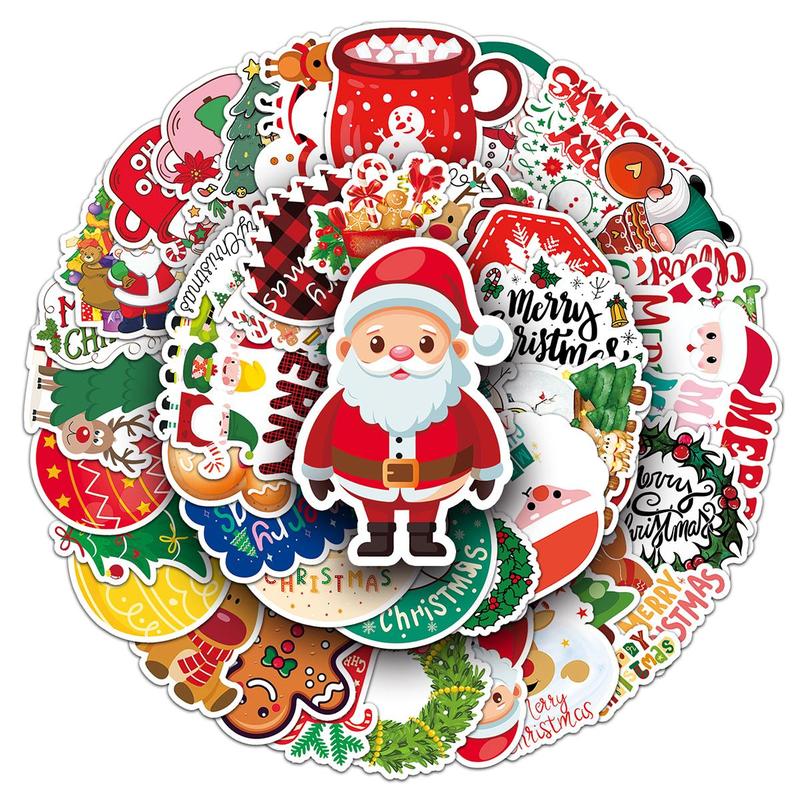 Christmas Themed Sticker, 50pcs set Waterproof Self Adhesive Decor Paper, Decor Sticker For Gift Greeting Card Water Bottle Laptop Phone, Christmas Gift