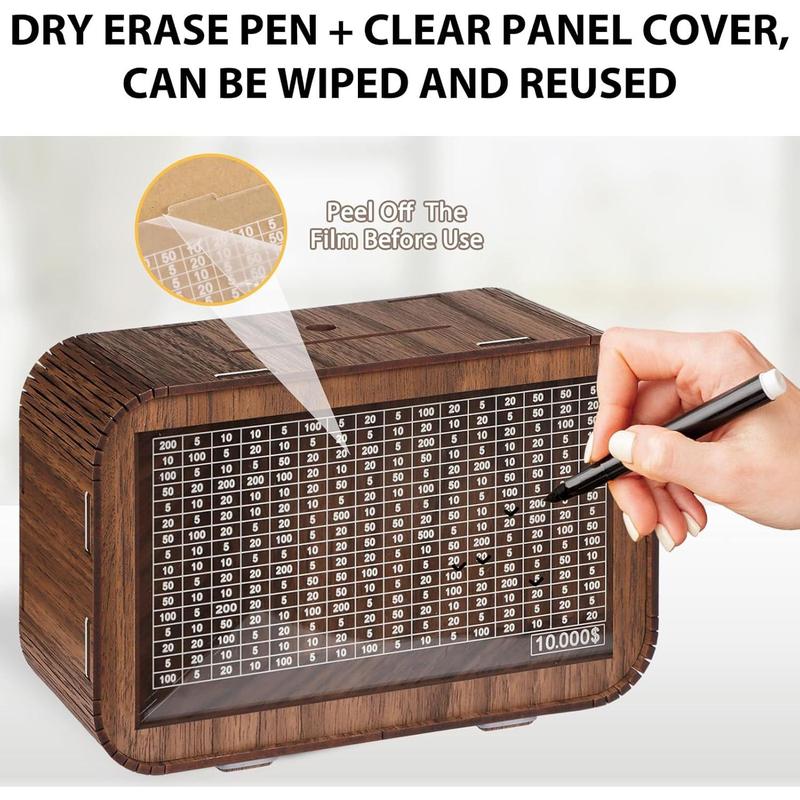 4-in-1 Piggy Bank for Adults  - Fully Assembled Wooden Money Saving Challenge Box($1000 $3000 $5000 $10000) - Money Bank with Counter and Dry Erase Pen - Kakeibo Money Box for Cash Coin - BestGift